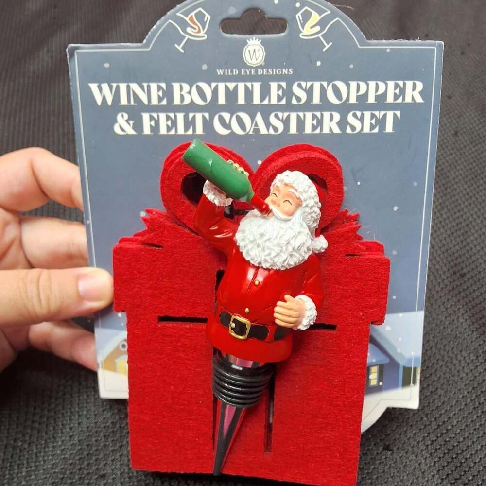 Wild Eye Designs Santa Wine Bottle Stopper & Felt Coaster Set New